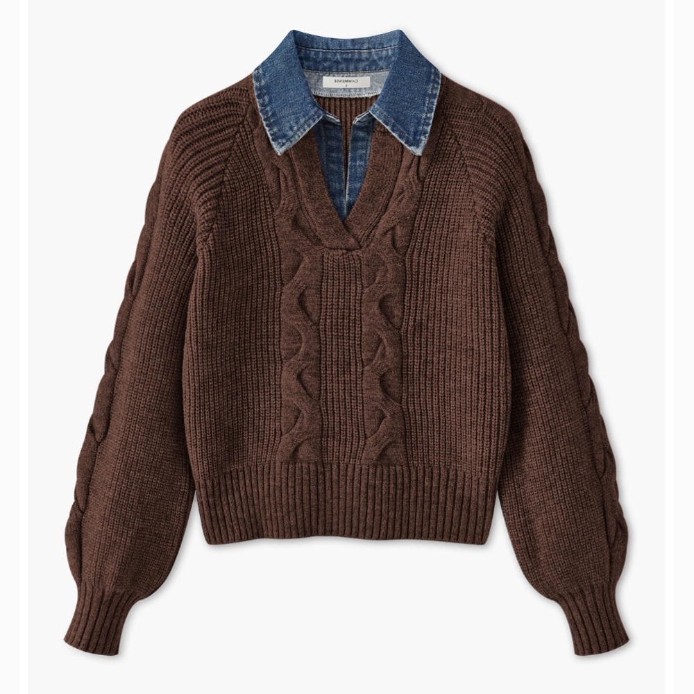 Commense Dark Brown Denim Panel Ribbed Lapel Sweater